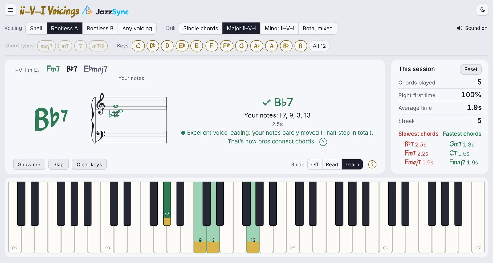The JazzSync app: a ii–V–I voicing drill. The chord is checked on the keyboard and the staff, with session stats and feedback on voice leading